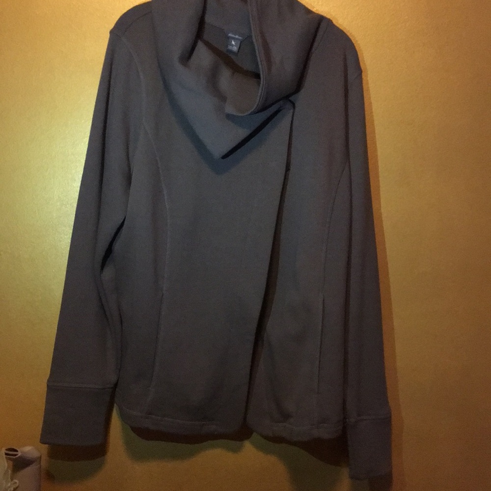 cowl neck open sweater with snap closure